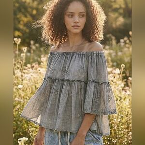 Q3 Embroidered Off-Shoulder Gray Top